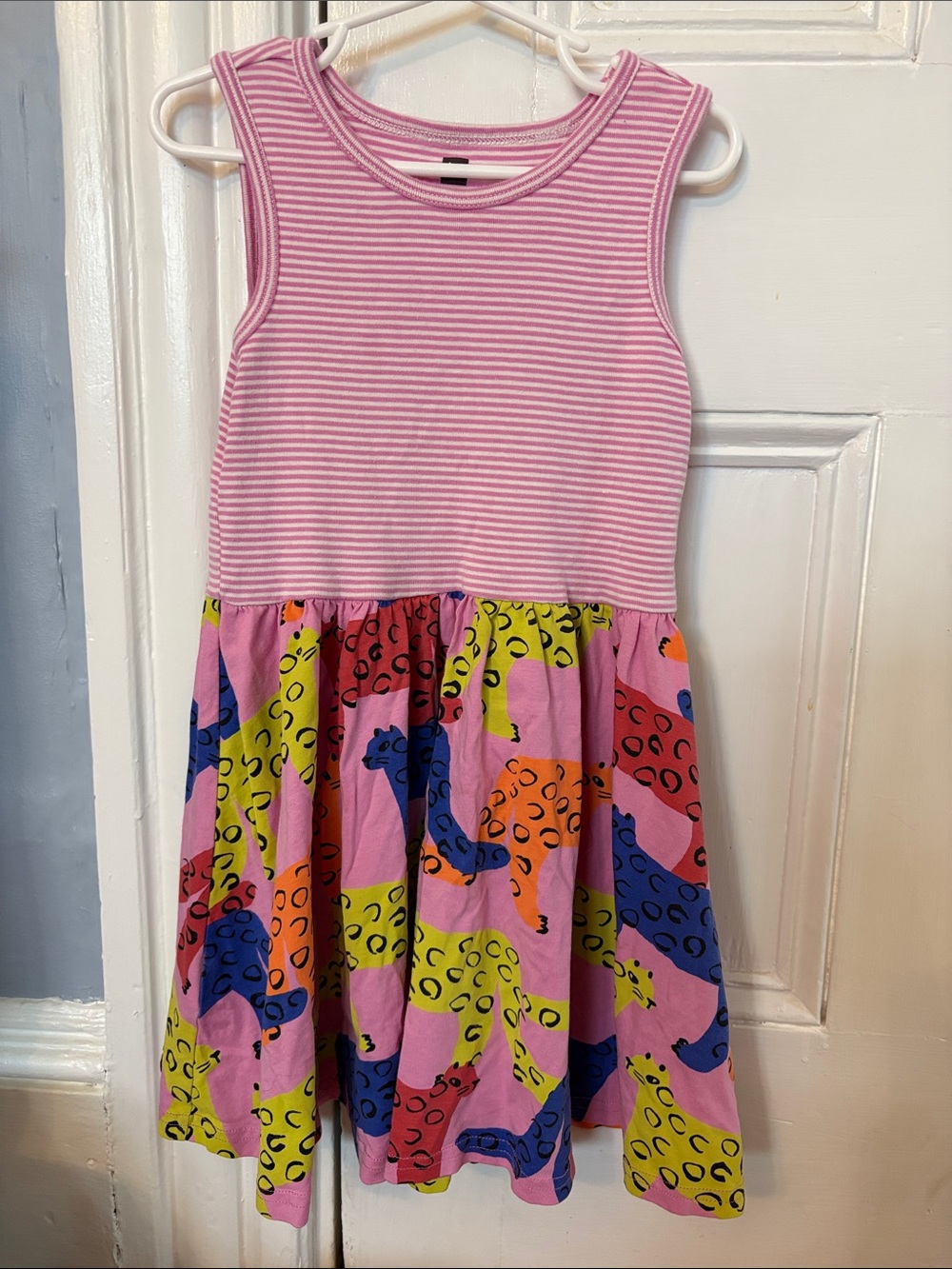 Tea Collection Pink Striped Tank Dress with Multi-Color Animal Print Skirt
